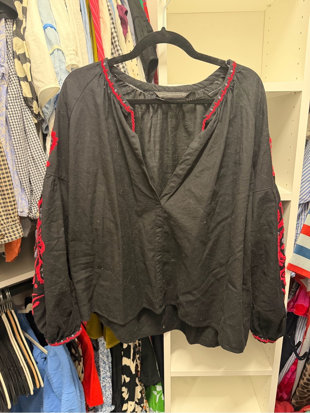 Zara Black Peasant Blouse with Red Embroidery | size M